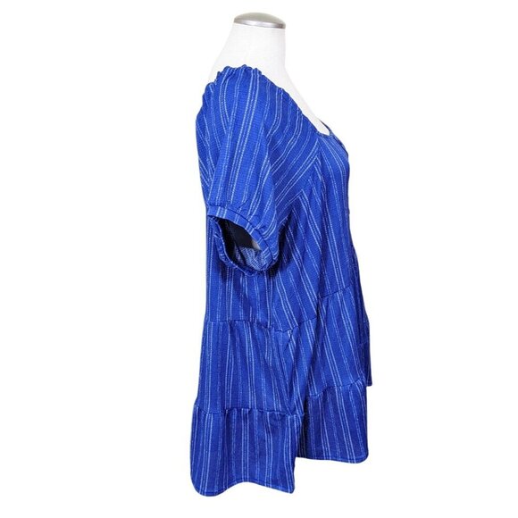 My Style Tiered Blouse Peasant Top Womens Plus Size 1X Blue Striped Puff Sleeeve - Picture 2 of 6